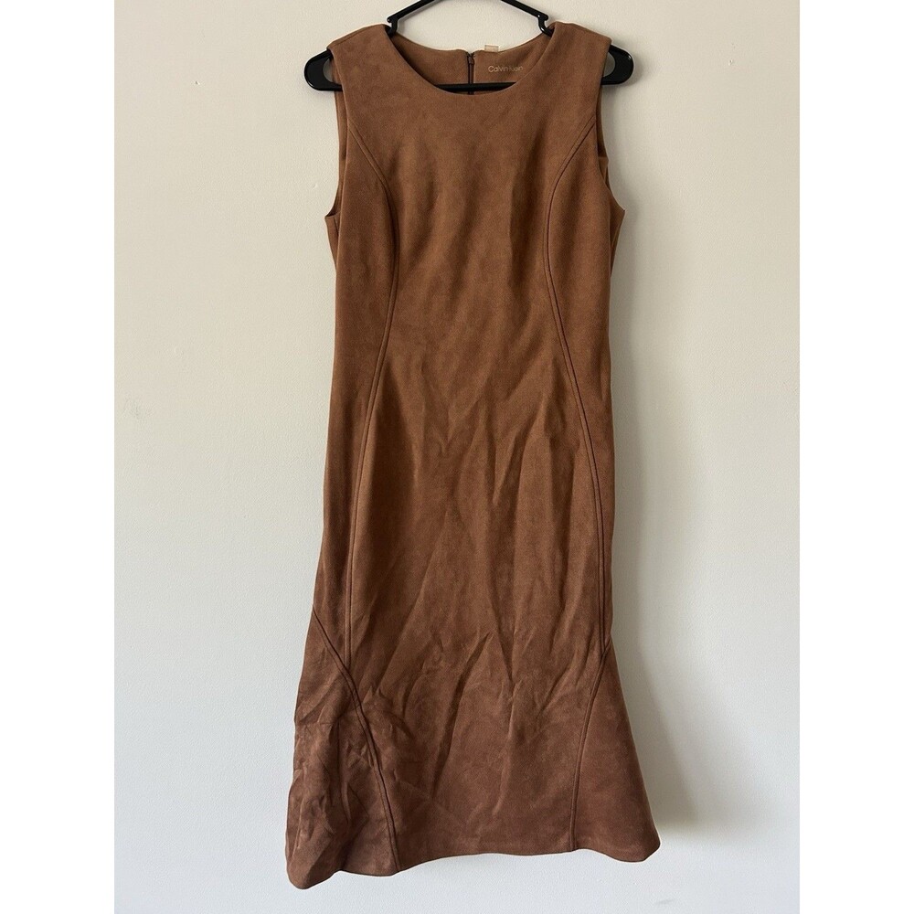 Calvin Klein Sleeveless Brown Suede Sheath Dress Size 10 Chic Designer Workwear